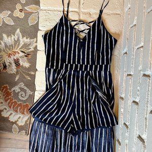 Altar'd State Navy + White Striped Romper with Train